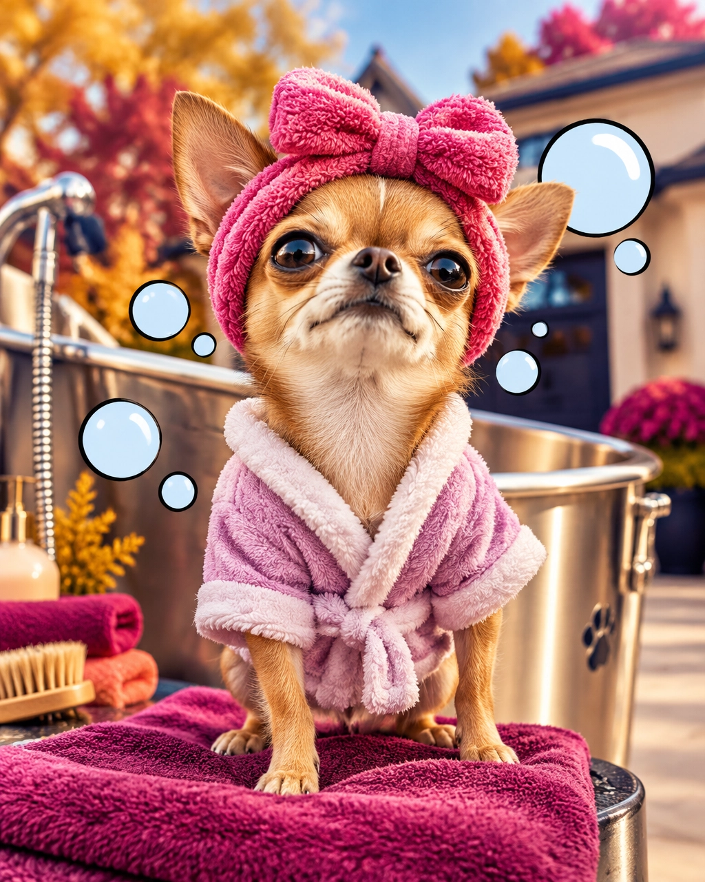 McKinney mobile dog groomer funny Chihuahua wearing a tiny spa robe beside a grooming tub