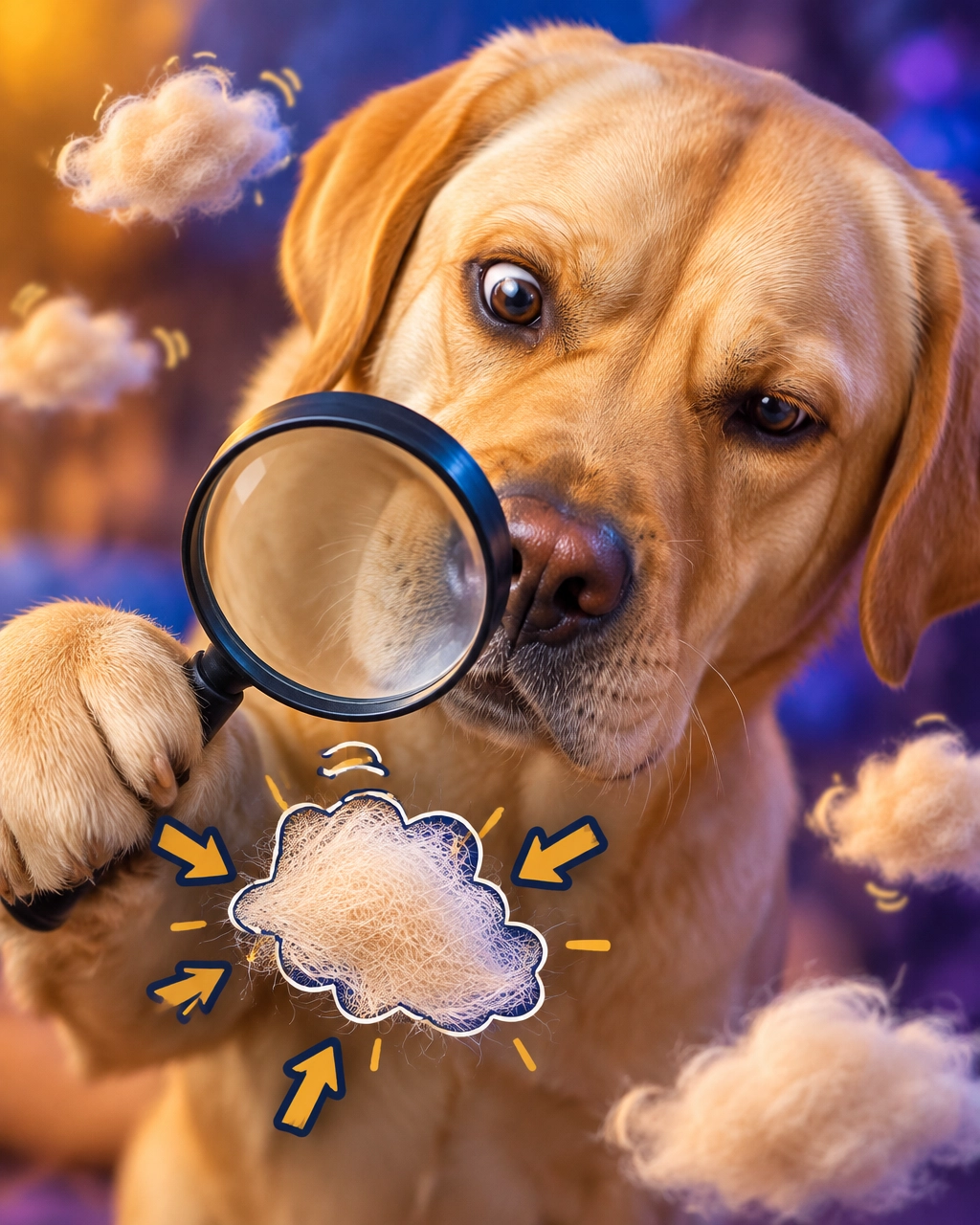 McKinney mobile dog groomer featuring a Labrador humorously inspecting a loose tuft of undercoat with a magnifying glass