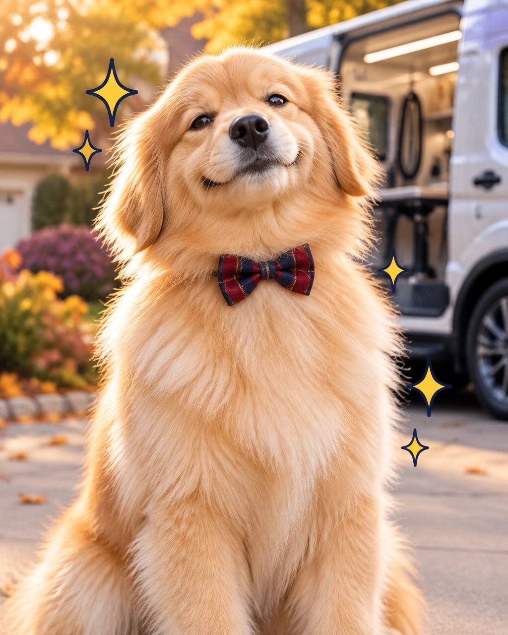 Freshly groomed fluffy Golden Retriever looking smug in a driveway: mckinney mobile dog groomer holiday safety