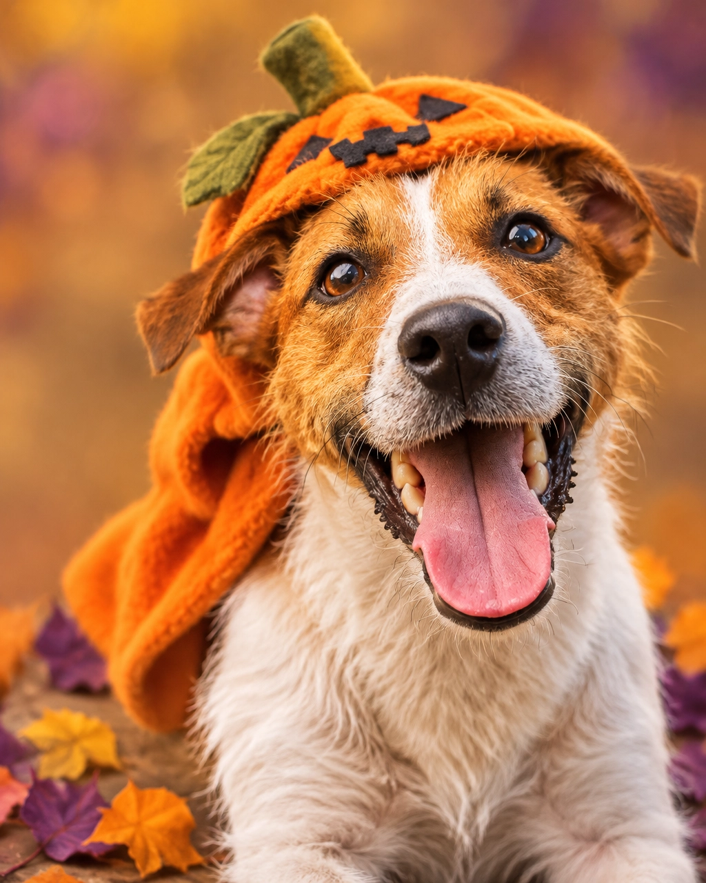 melissa mobile dog groomer Halloween costume cleanup: a shaggy terrier with its tiny pumpkin costume hood slid sideways