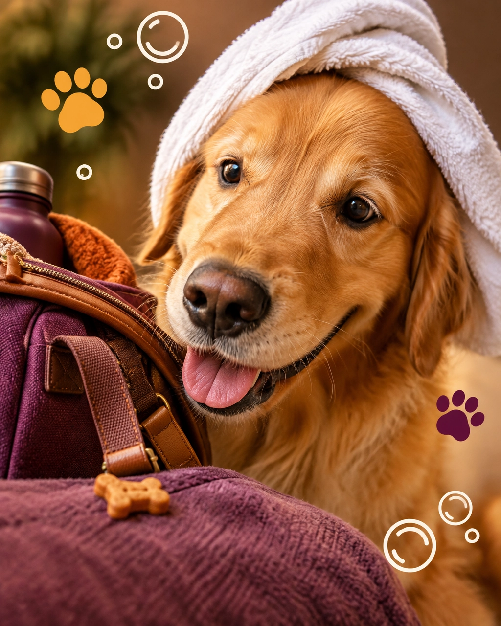 Freshly bathed golden retriever in a playful towel turban beside a packed overnight bag, with a mckinney mobile dog groomer
