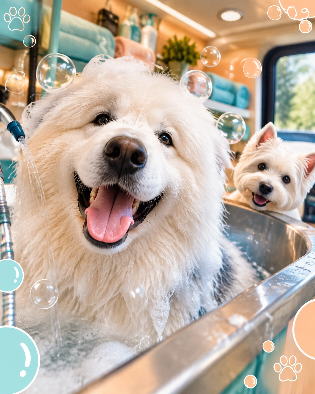 melissa mobile dog groomer: a delighted large white dog enjoying a bubbly spa bath beside a small terrier