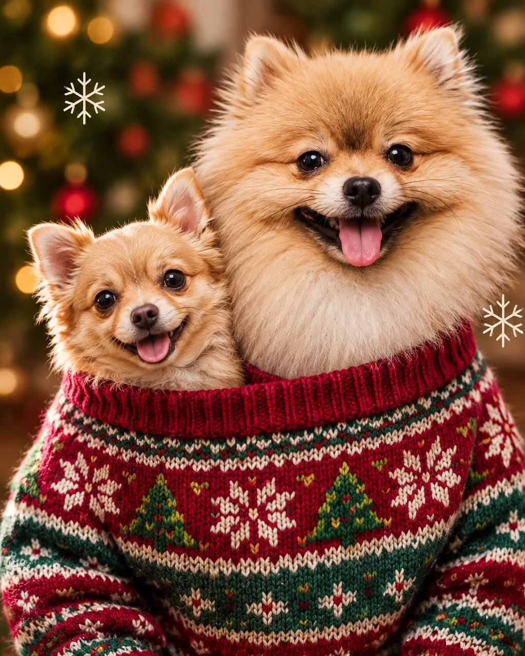 prosper mobile dog groomer: Chihuahua and Golden Retriever sharing an oversized ugly Christmas sweater for a family photo