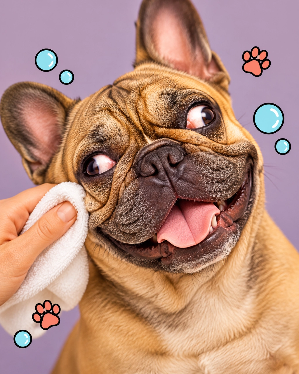 A cheerful wrinkly dog gets gentle face care from a mckinney mobile dog groomer