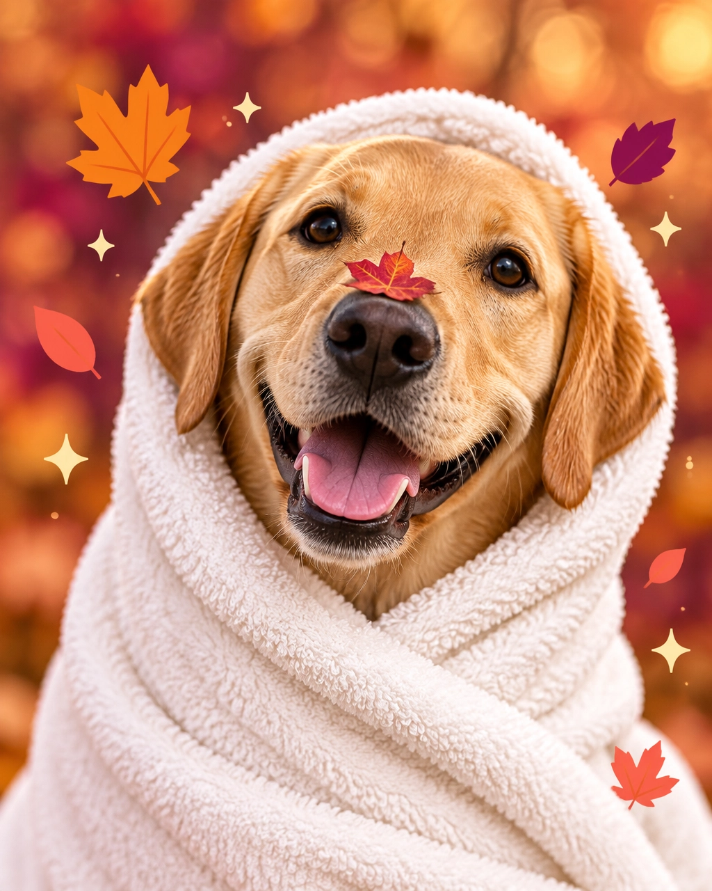 Prosper mobile dog groomer funny Labrador retriever wrapped in a towel with a fall leaf on its nose