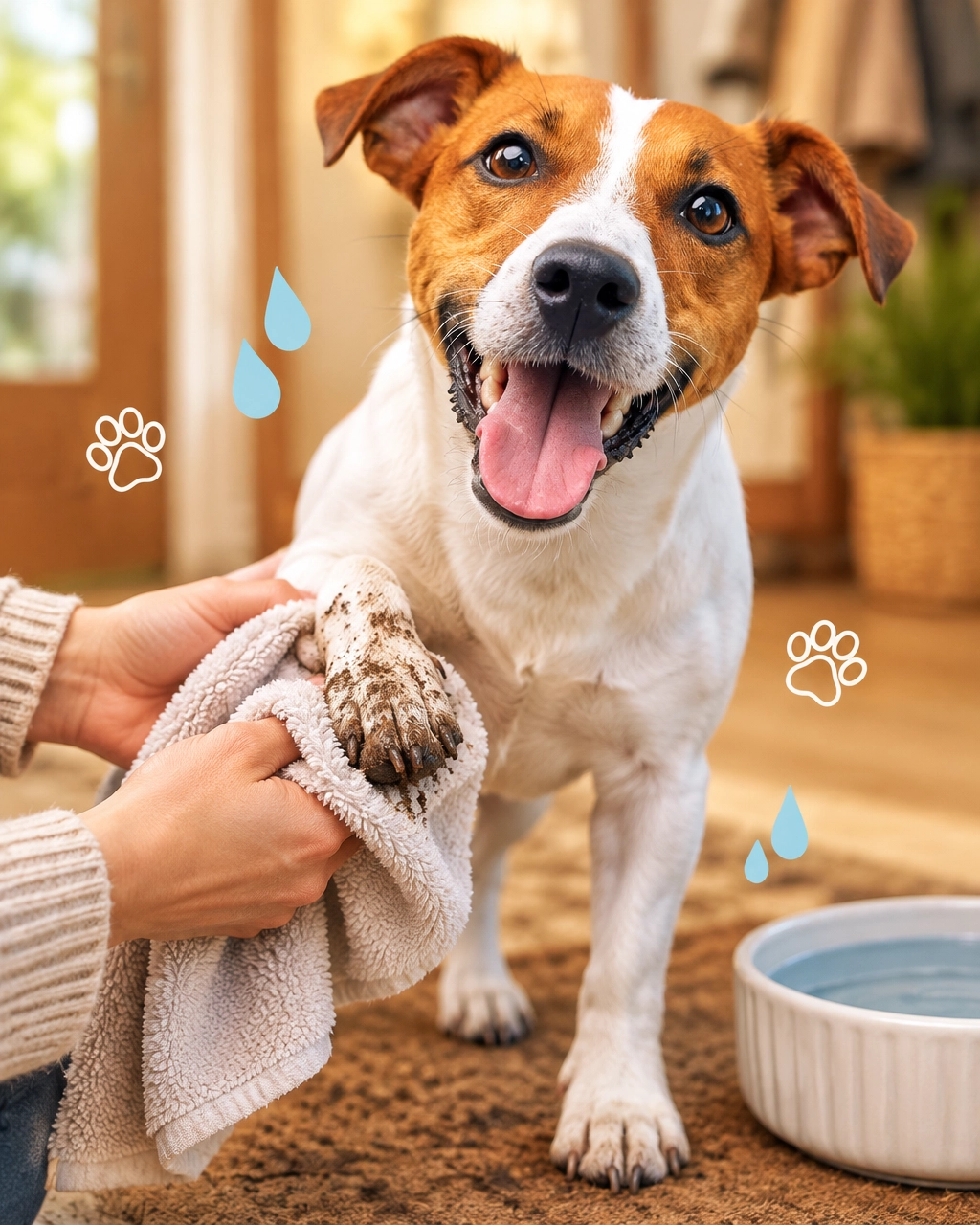 prosper mobile dog groomer winter paw care: a playful dog gets a gentle paw wipe after a chilly walk