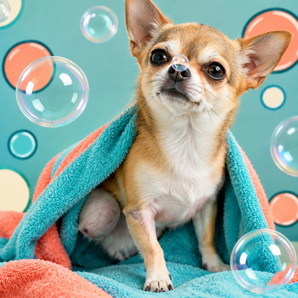 McKinney mobile dog groomer portrait of a cheerful three-legged Chihuahua with a bubble on its nose