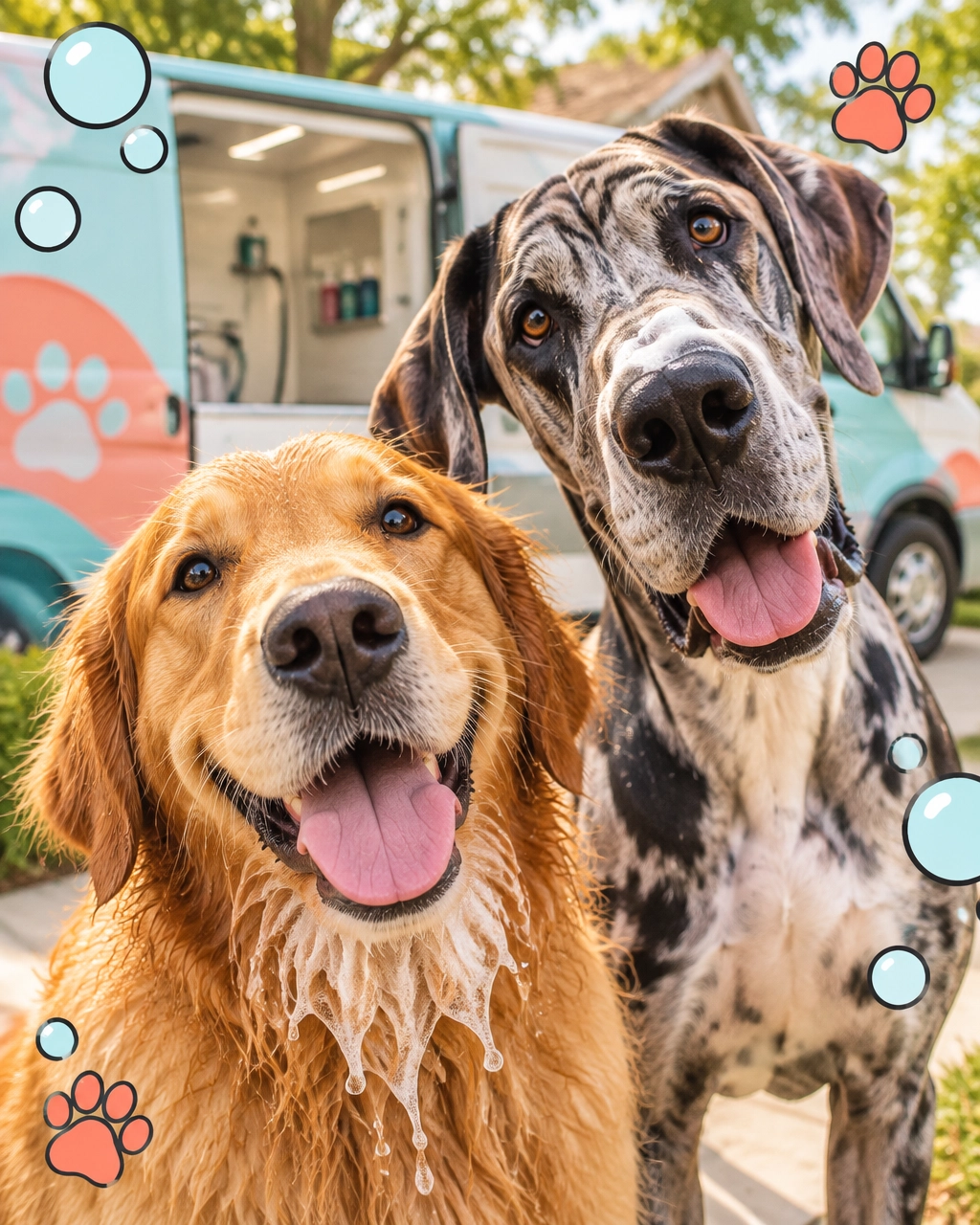 A Golden Retriever and Great Dane share a silly spa moment beside a mobile salon, from a mckinney mobile dog groomer
