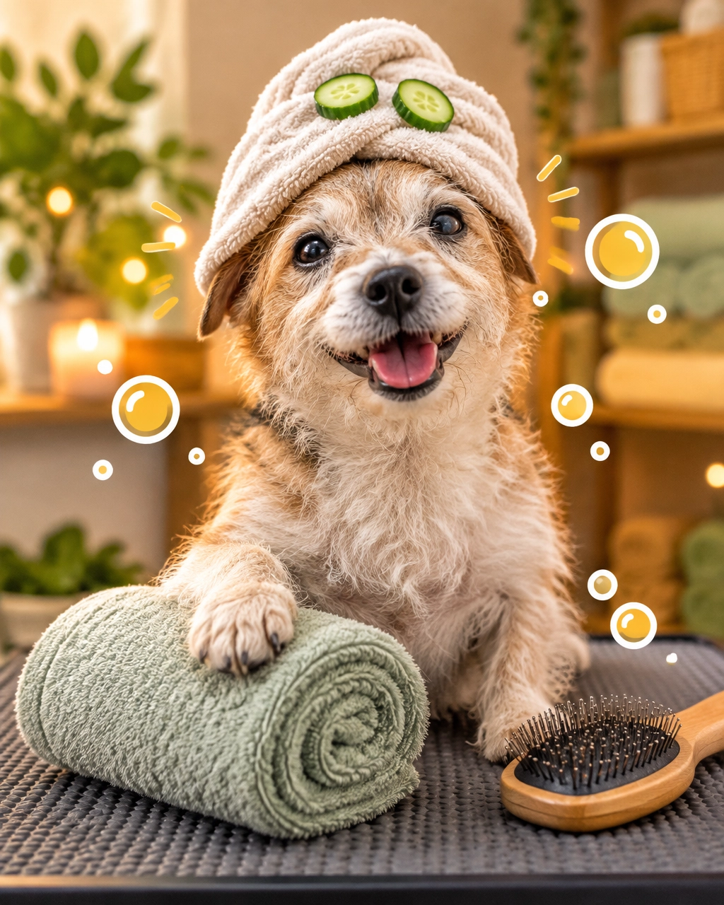 prosper mobile dog groomer: a small senior terrier taking a silly towel-and-spa break