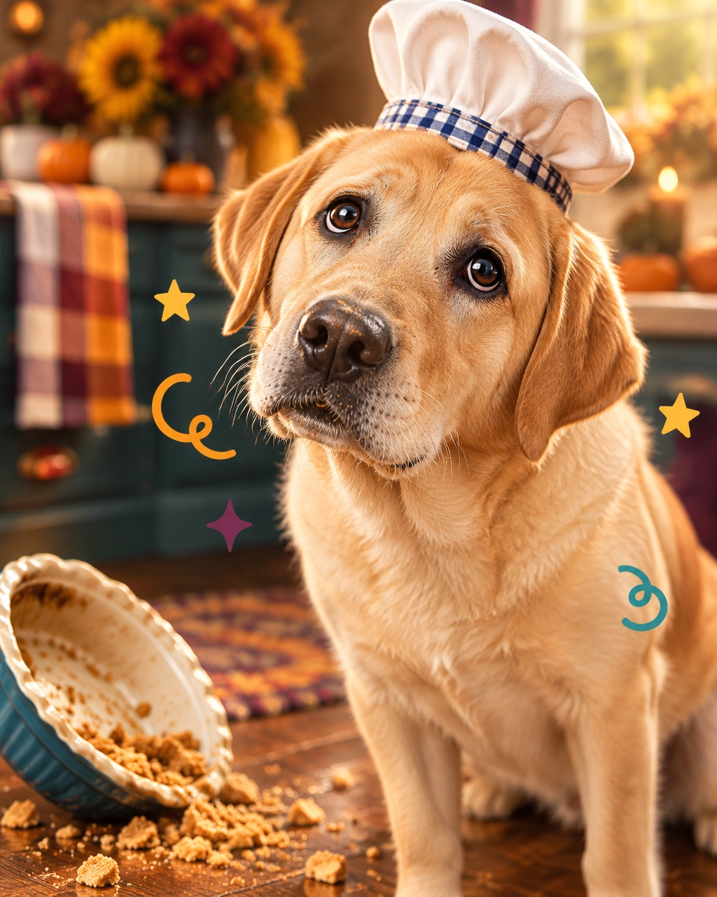 Guilty Labrador in a chef hat beside a fallen Thanksgiving pie: mckinney mobile dog groomer holiday safety