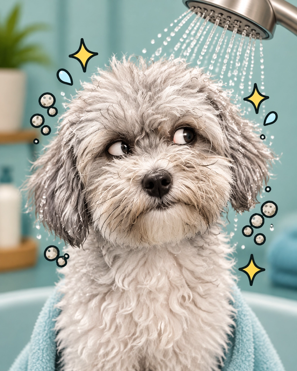 melissa mobile dog groomer: a damp shaggy sheepdog gives a comically skeptical side-eye beneath a gentle shower