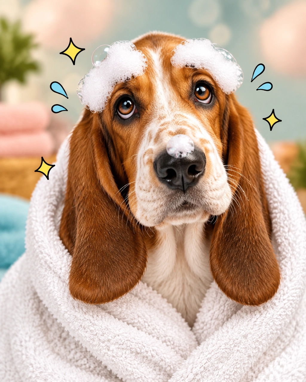 melissa mobile dog groomer: a basset hound wrapped in a bath towel with comically sudsy eyebrows and a tiny nose bubble
