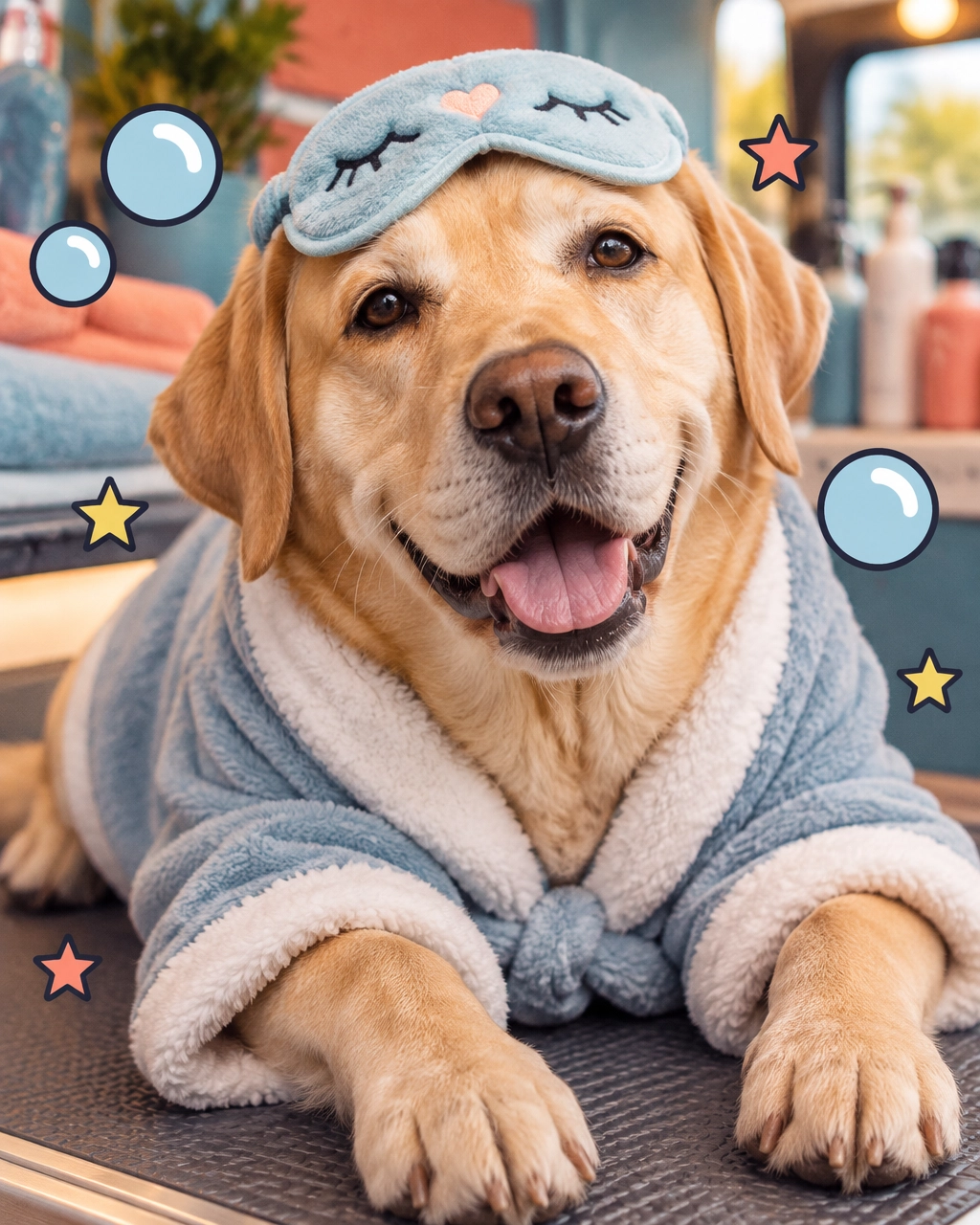 McKinney mobile dog groomer: a happy Labrador taking a cozy rest break between grooming steps