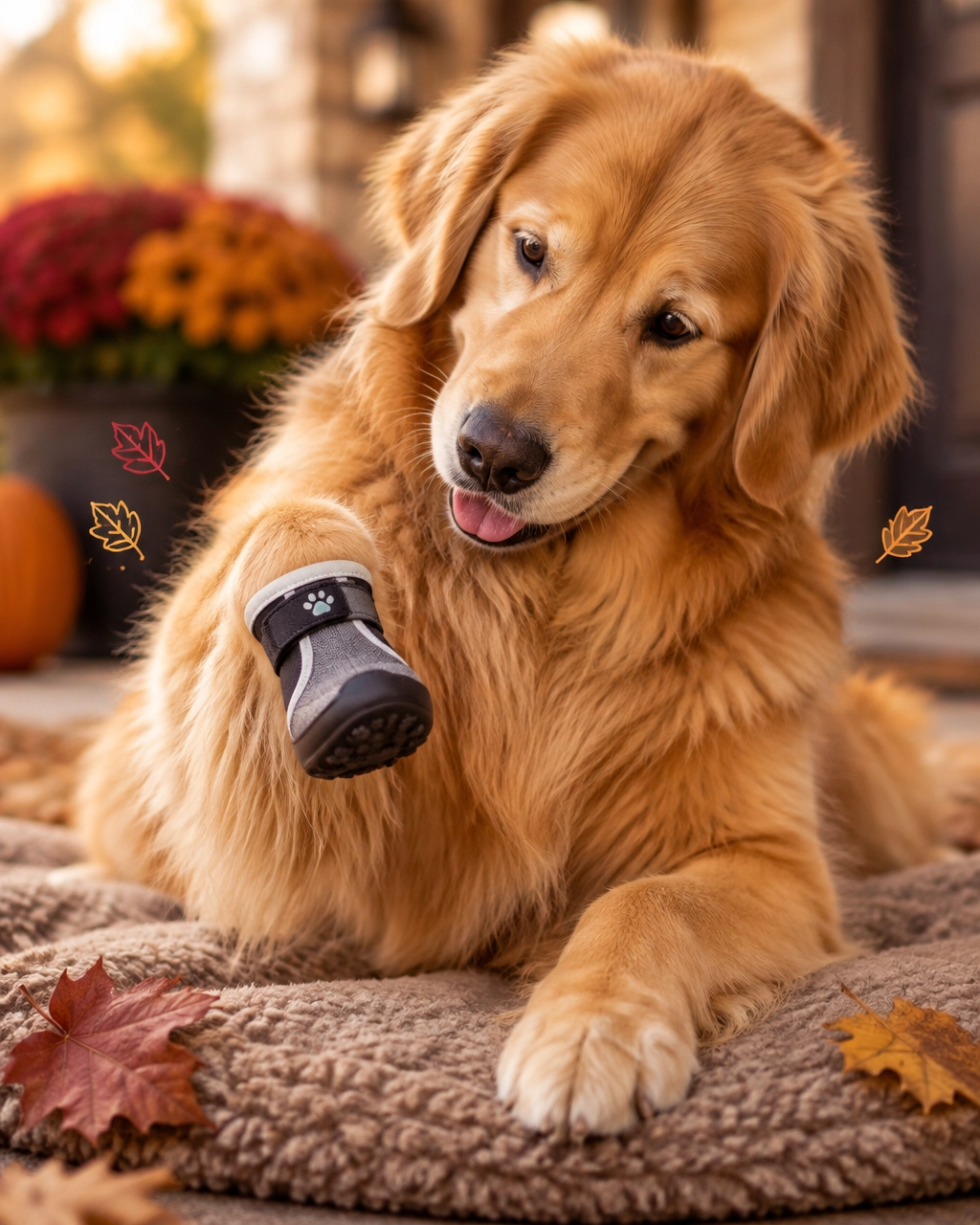 mckinney mobile dog groomer playful big dog lifting a paw with one comically tiny bootie after a fall walk