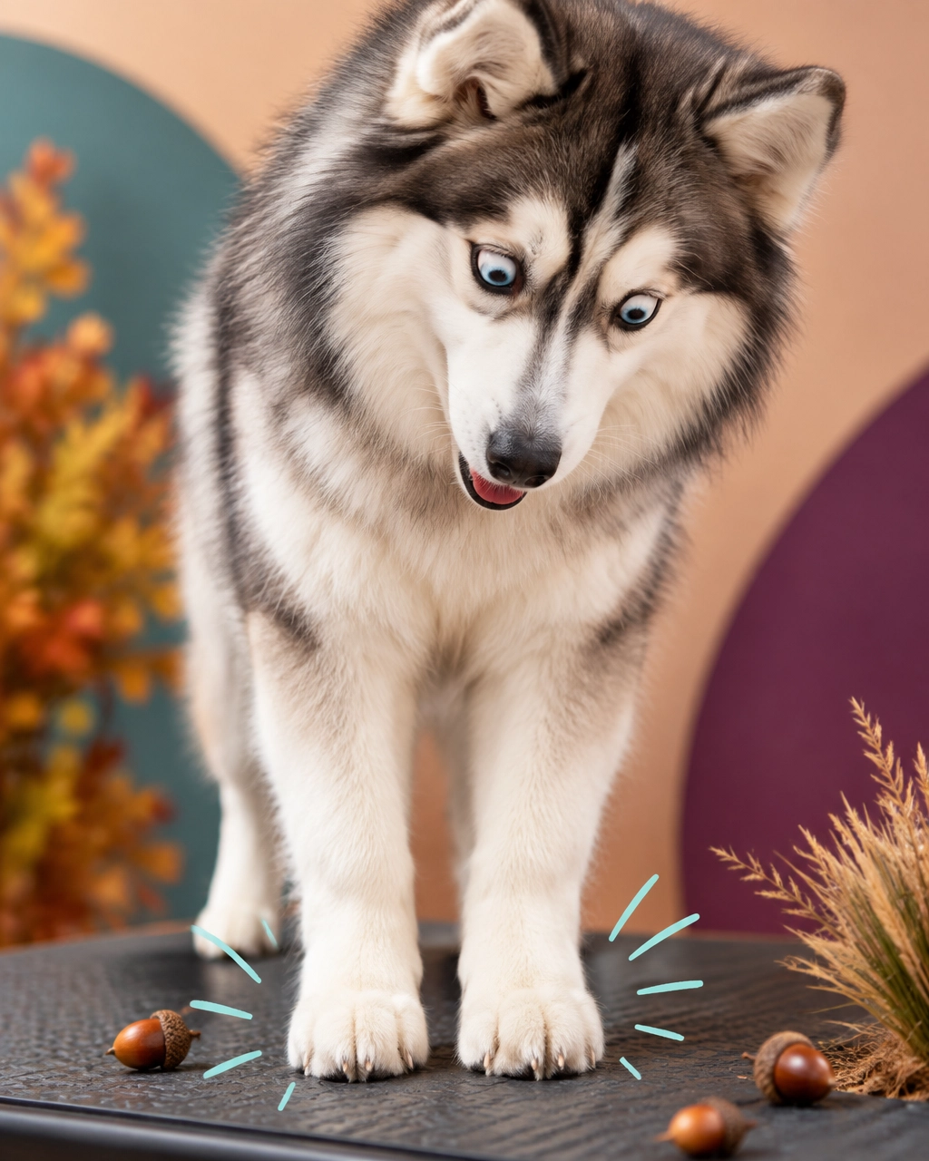 McKinney mobile dog groomer giving a relaxed fluffy husky a playful paw check inside a quiet mobile grooming van
