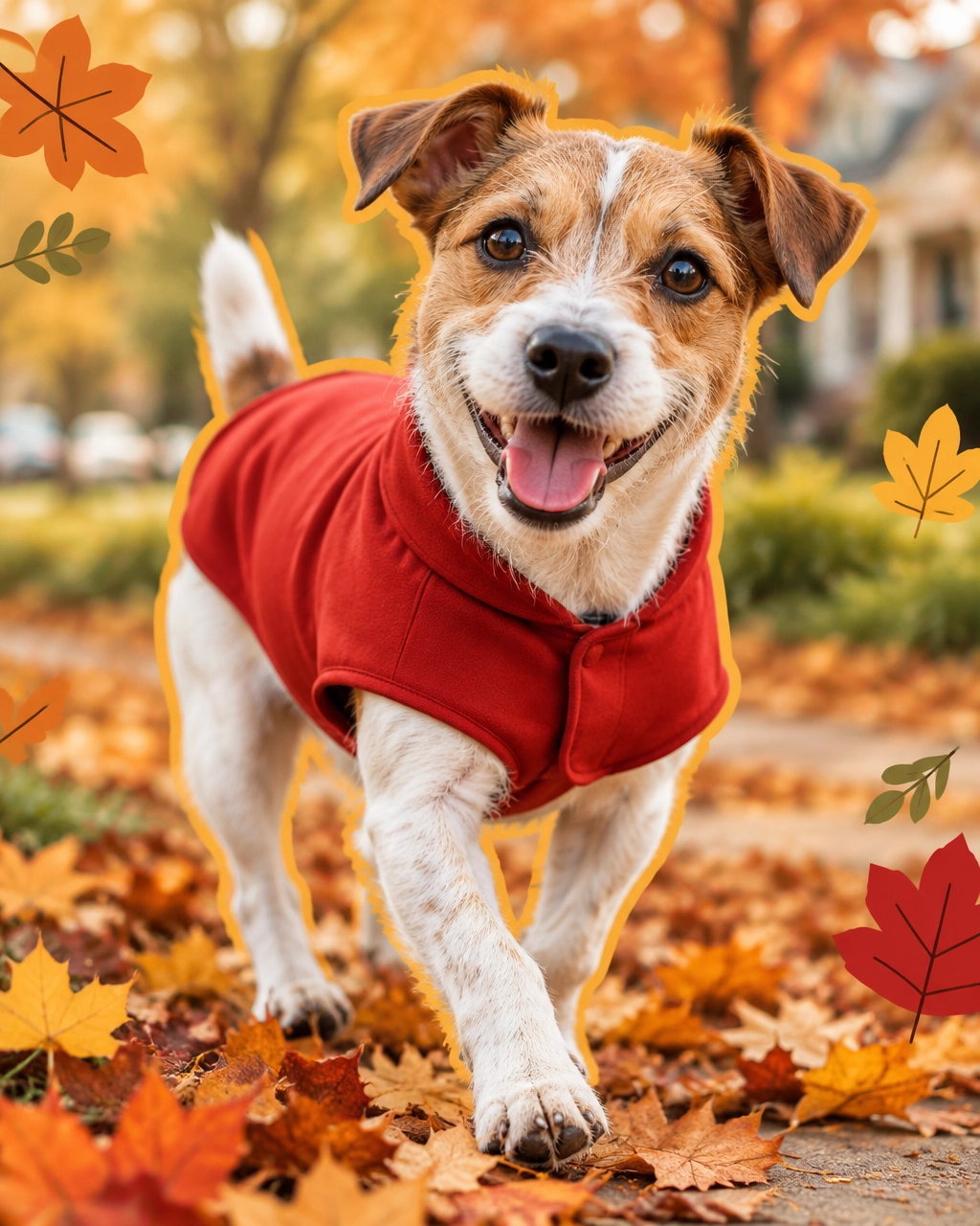 A small terrier trots happily through autumn leaves in a smooth-fitting red coat