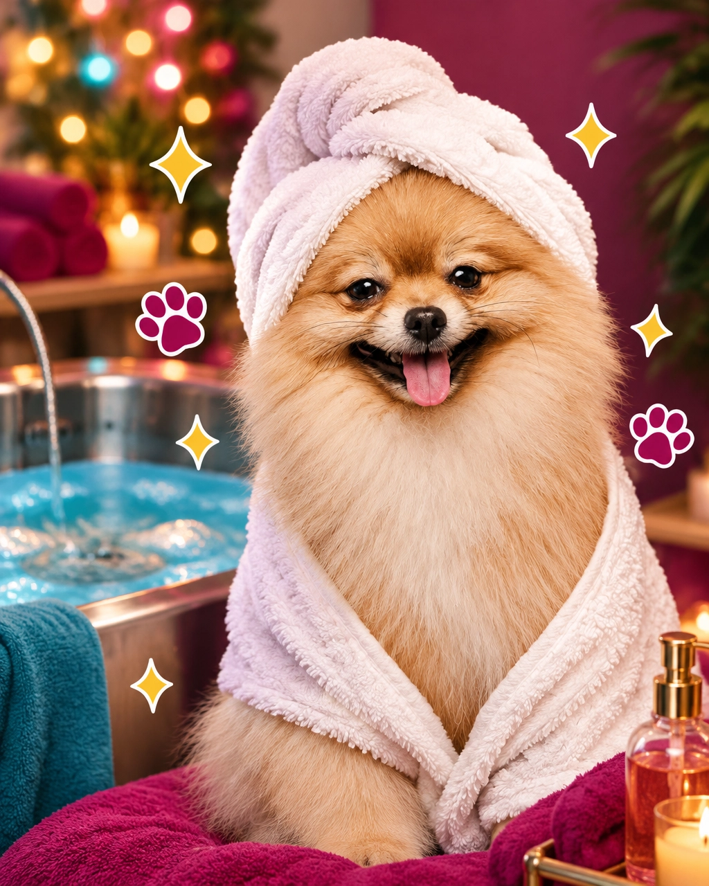 A freshly groomed fluffy dog looks delightfully smug in a cozy spa setting with holiday lights, mckinney mobile dog groomer pampering