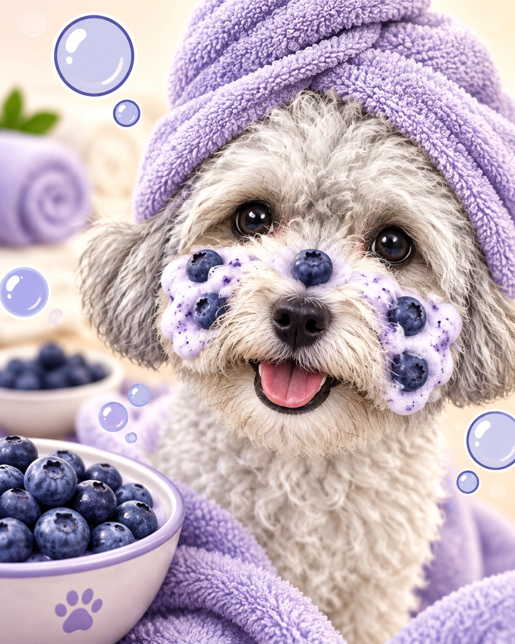 Melissa mobile dog groomer image of a cheerful fluffy dog enjoying a playful blueberry facial in a luxury mobile spa