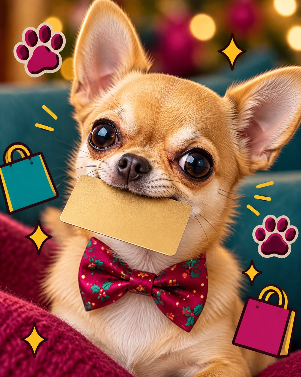 A determined Chihuahua holds a blank credit card in its mouth, ready to shop after a spa day with a mckinney mobile dog groomer