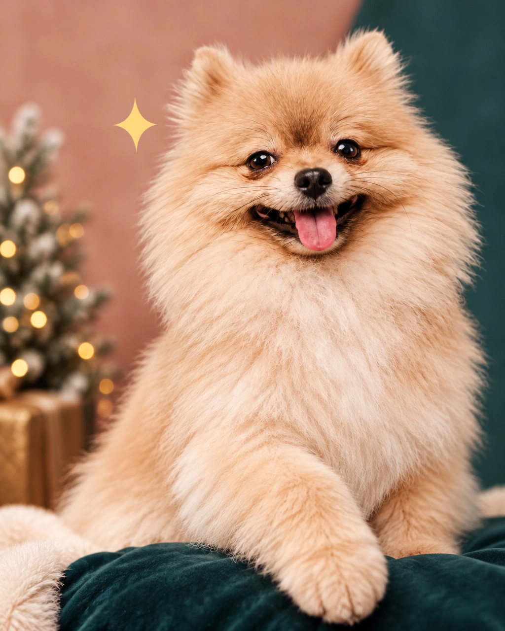 prosper mobile dog groomer: freshly groomed fluffy dog posing like a supermodel on a holiday photo set