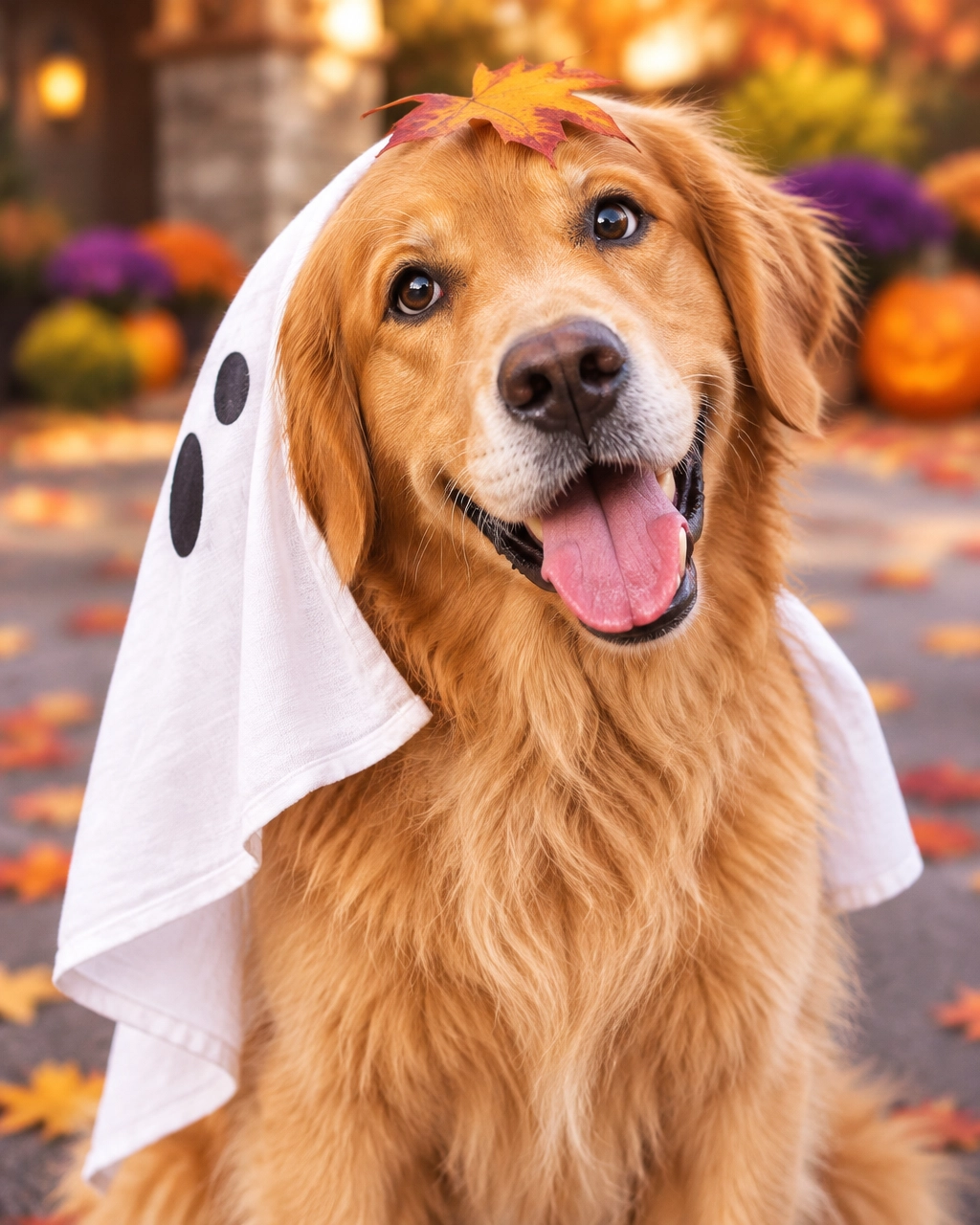 melissa mobile dog groomer Halloween cleanup: a golden retriever looking cheerfully confused beneath a tiny ghost costume