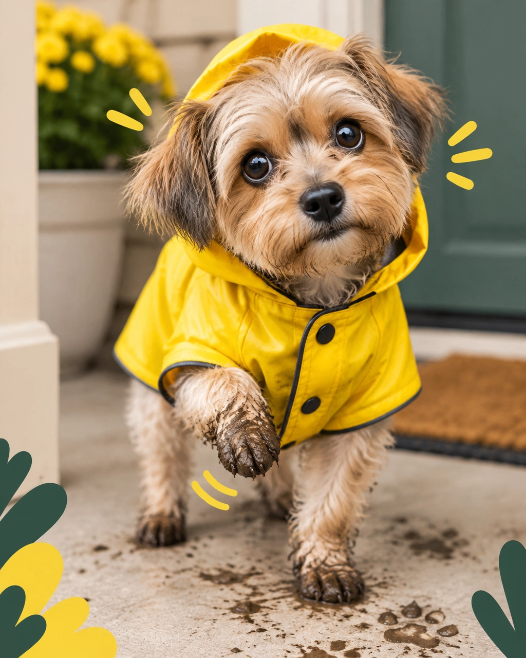 A tiny dog in a yellow raincoat with muddy paws looking comically guilty after a fall walk