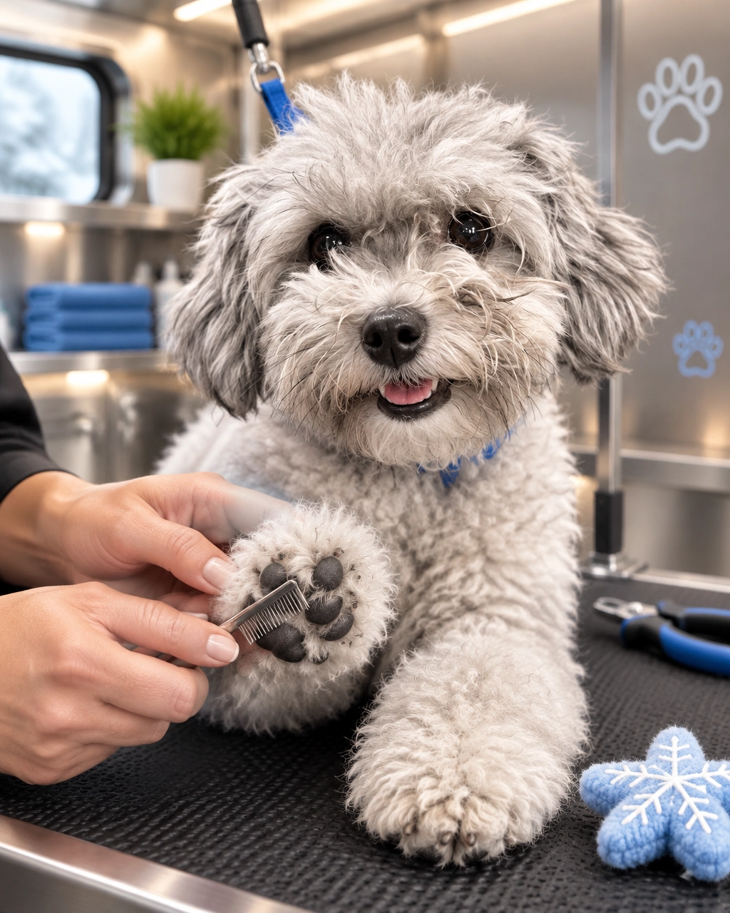 prosper mobile dog groomer winter grooming: an experienced groomer carefully tidies fur between a relaxed dog's paw pads