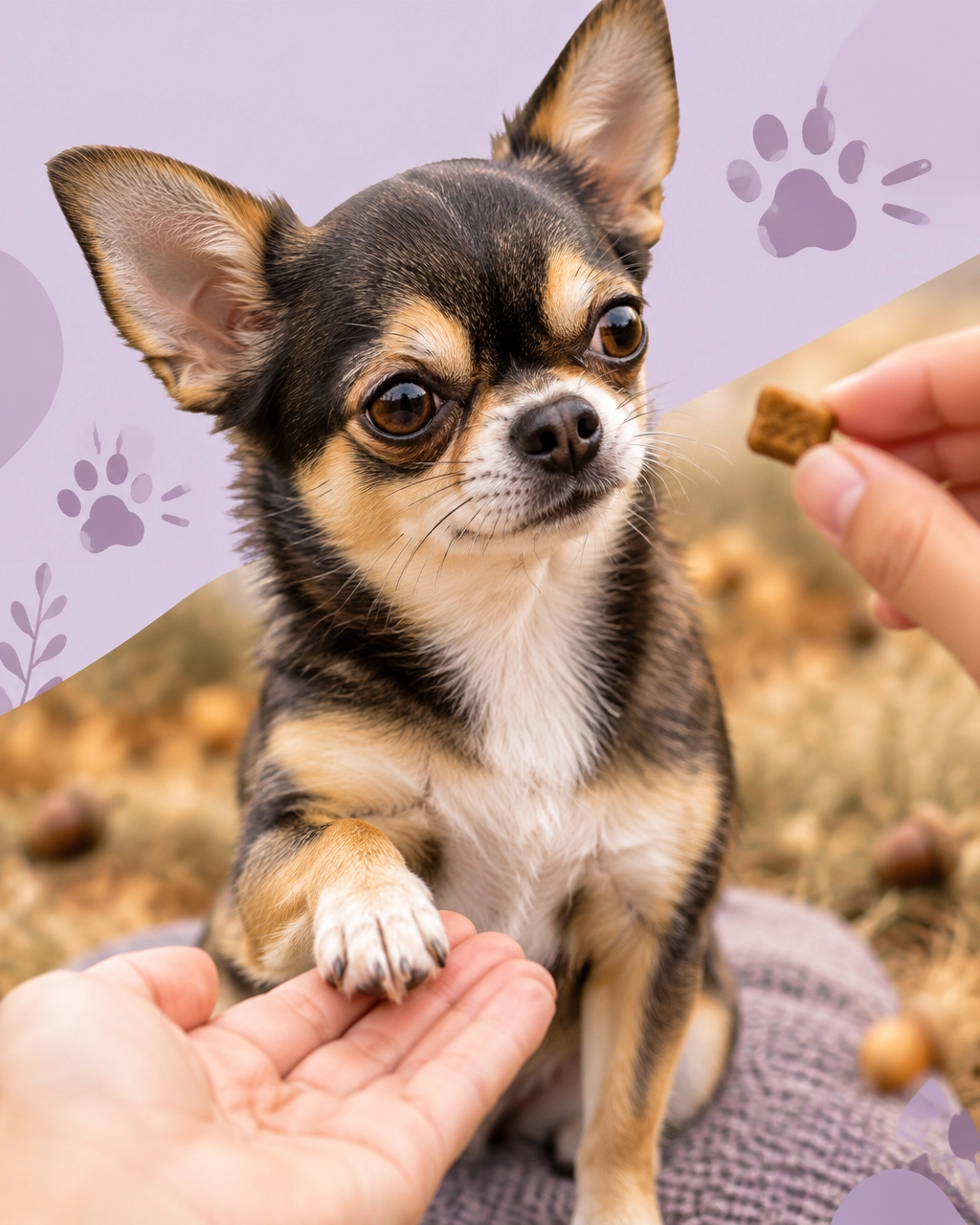 McKinney mobile dog groomer helping a tiny Chihuahua practice relaxed paw handling with a treat on a non-slip mat