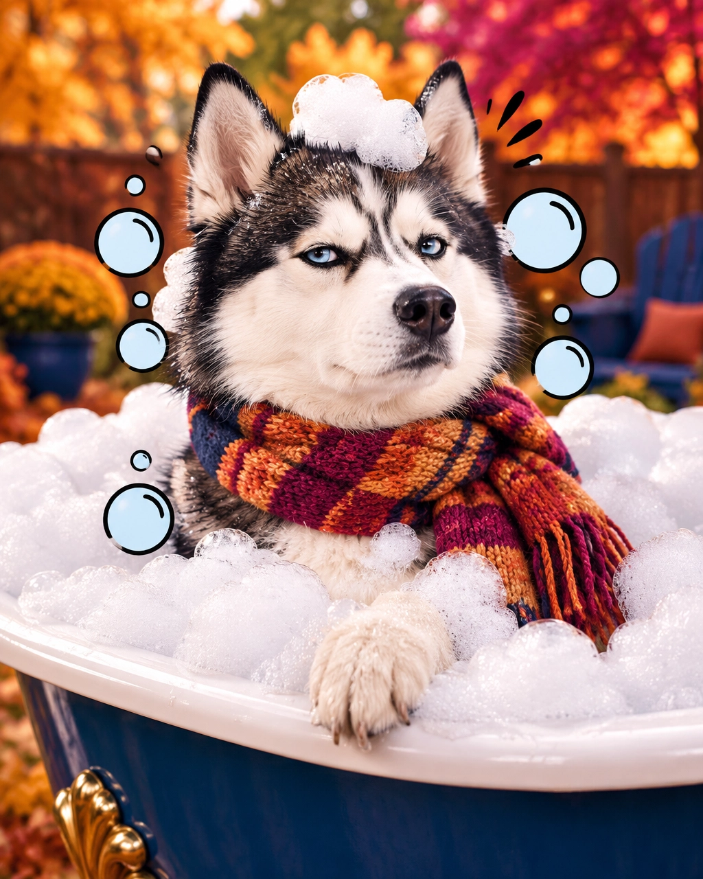 McKinney mobile dog groomer funny husky surrounded by bubbles in a bathtub