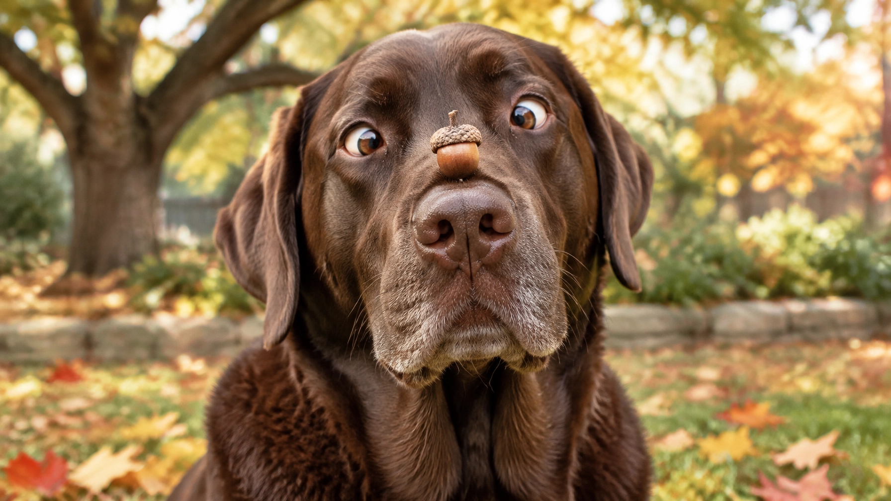 A chocolate Labrador balancing an acorn on its nose with a funny, focused expression