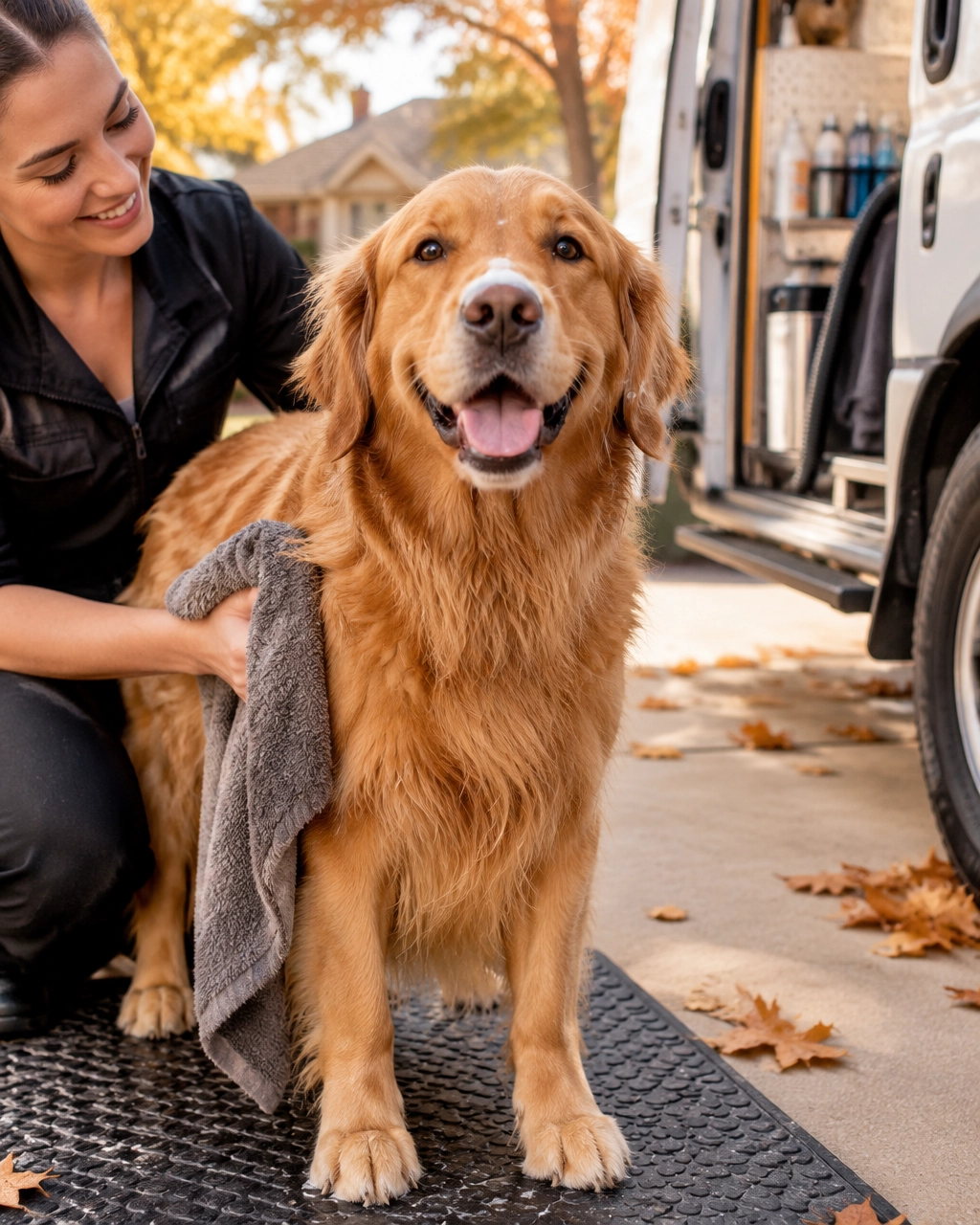 prosper mobile dog groomer: a cheerful Golden Retriever enjoying a calm driveway grooming visit