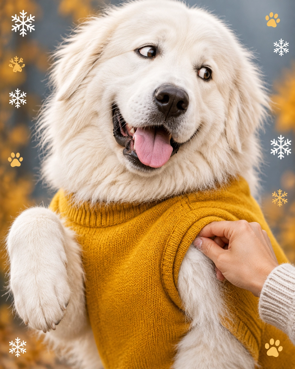 melissa mobile dog groomer: a happy Great Pyrenees in a comfortable sweater getting a playful coat check