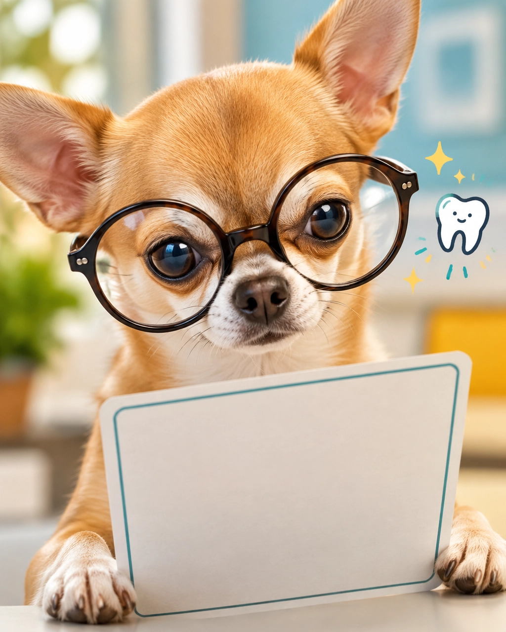 melissa mobile dog groomer blog image: a Chihuahua wearing oversized glasses and looking seriously at a blank checkup card