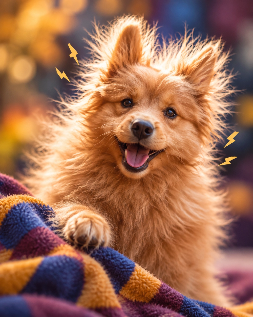 Prosper mobile dog groomer image of a joyful golden retriever with comically poofy static fur after rubbing against a fleece blanket