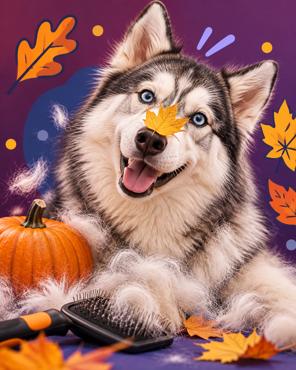 Playful husky with a fall leaf on its nose beside a pumpkin and grooming brush