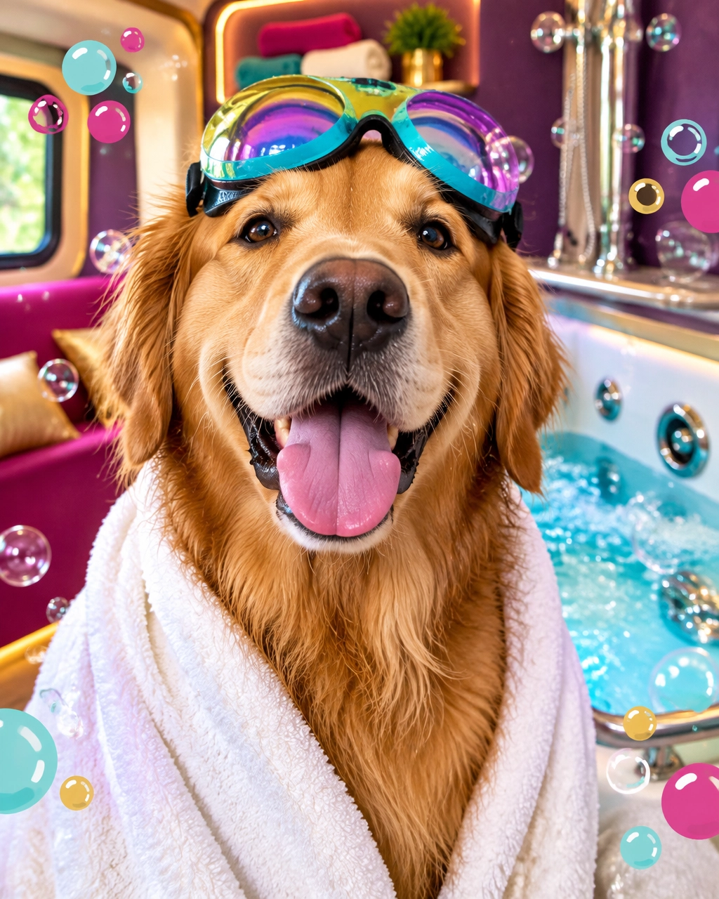 McKinney mobile dog groomer image of a happy large golden retriever enjoying a bubbly luxury spa bath