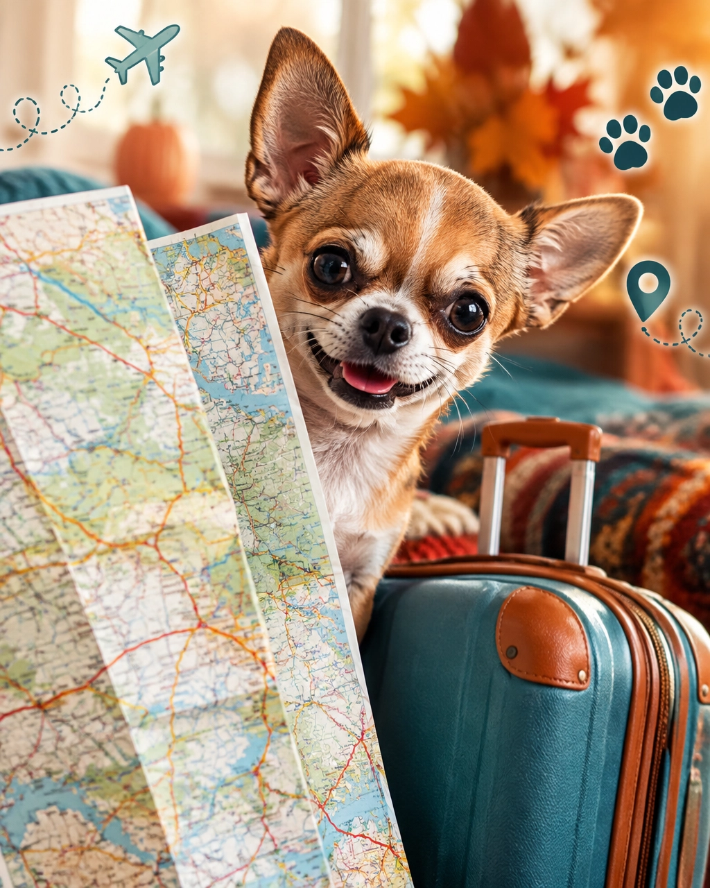 Chihuahua peeking around a folded road map and small suitcase before a holiday trip, with a mckinney mobile dog groomer