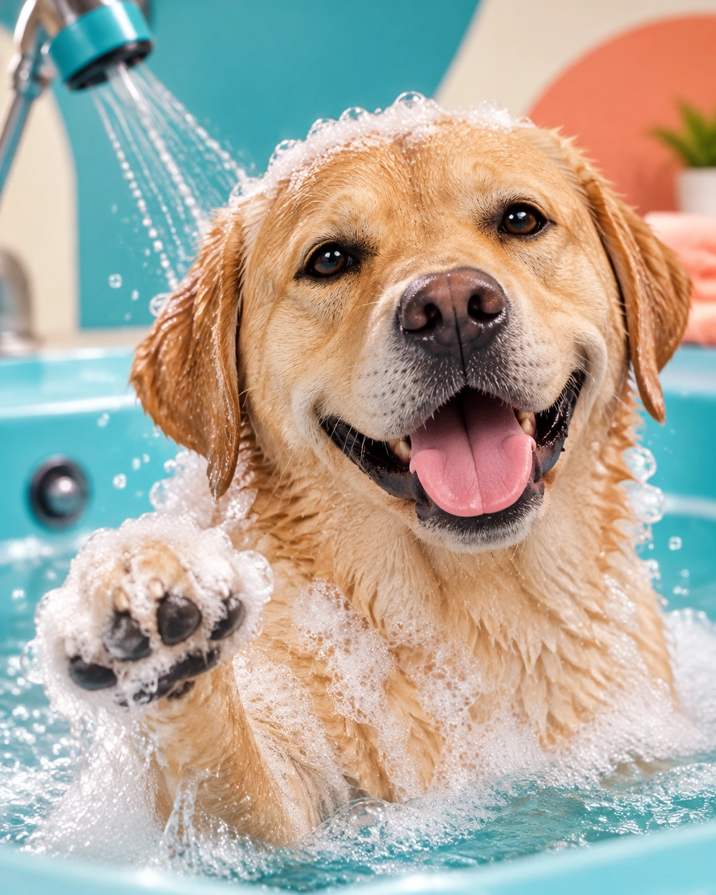 Melissa mobile dog groomer image of a happy Labrador enjoying a bubbly hydromassage bath in a premium grooming van