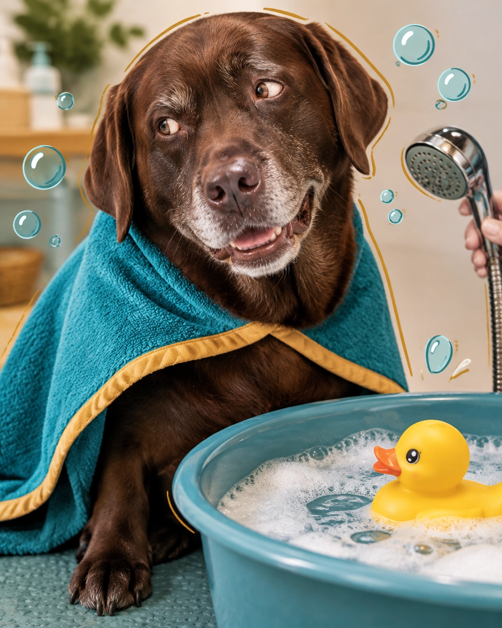 prosper mobile dog groomer: a playful senior Lab relaxing beside a warm, gentle bath setup