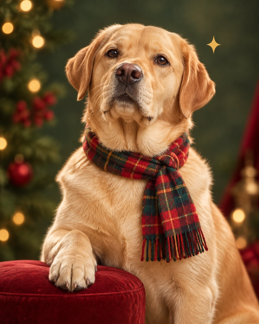 prosper mobile dog groomer: freshly groomed Labrador in a tiny holiday scarf striking a dramatic pose