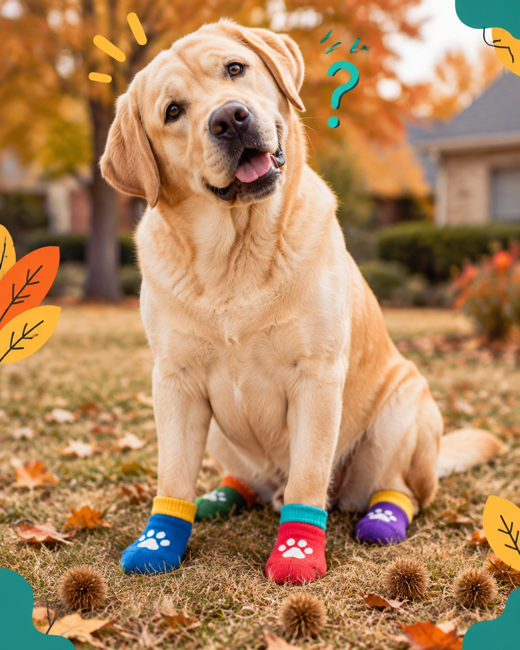 A big Labrador wearing tiny colorful socks and looking proudly confused after a fall walk