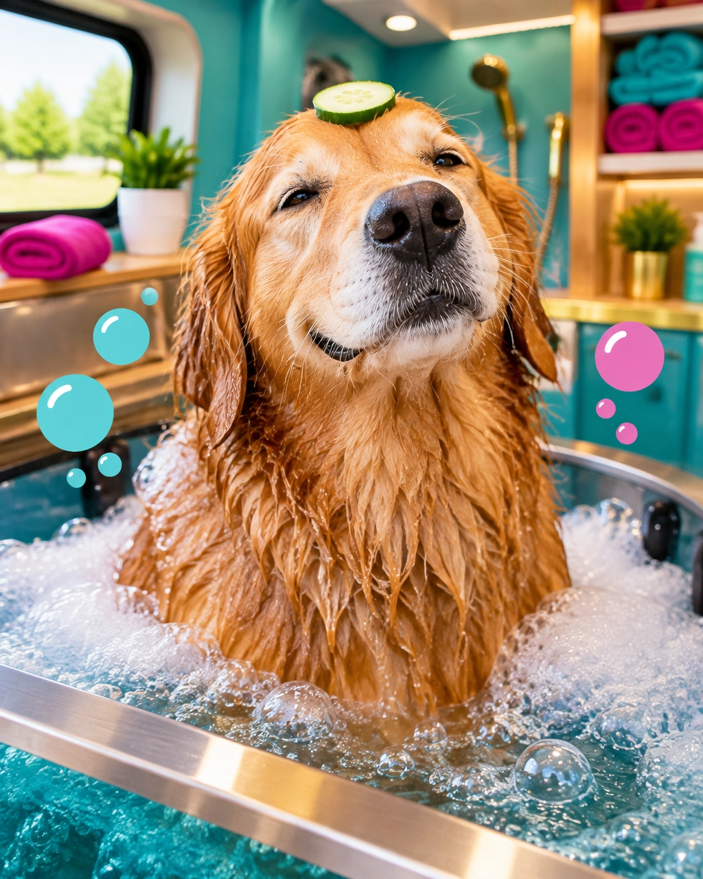 McKinney mobile dog groomer showing a blissful large golden retriever enjoying a humorous hydromassage spa treatment