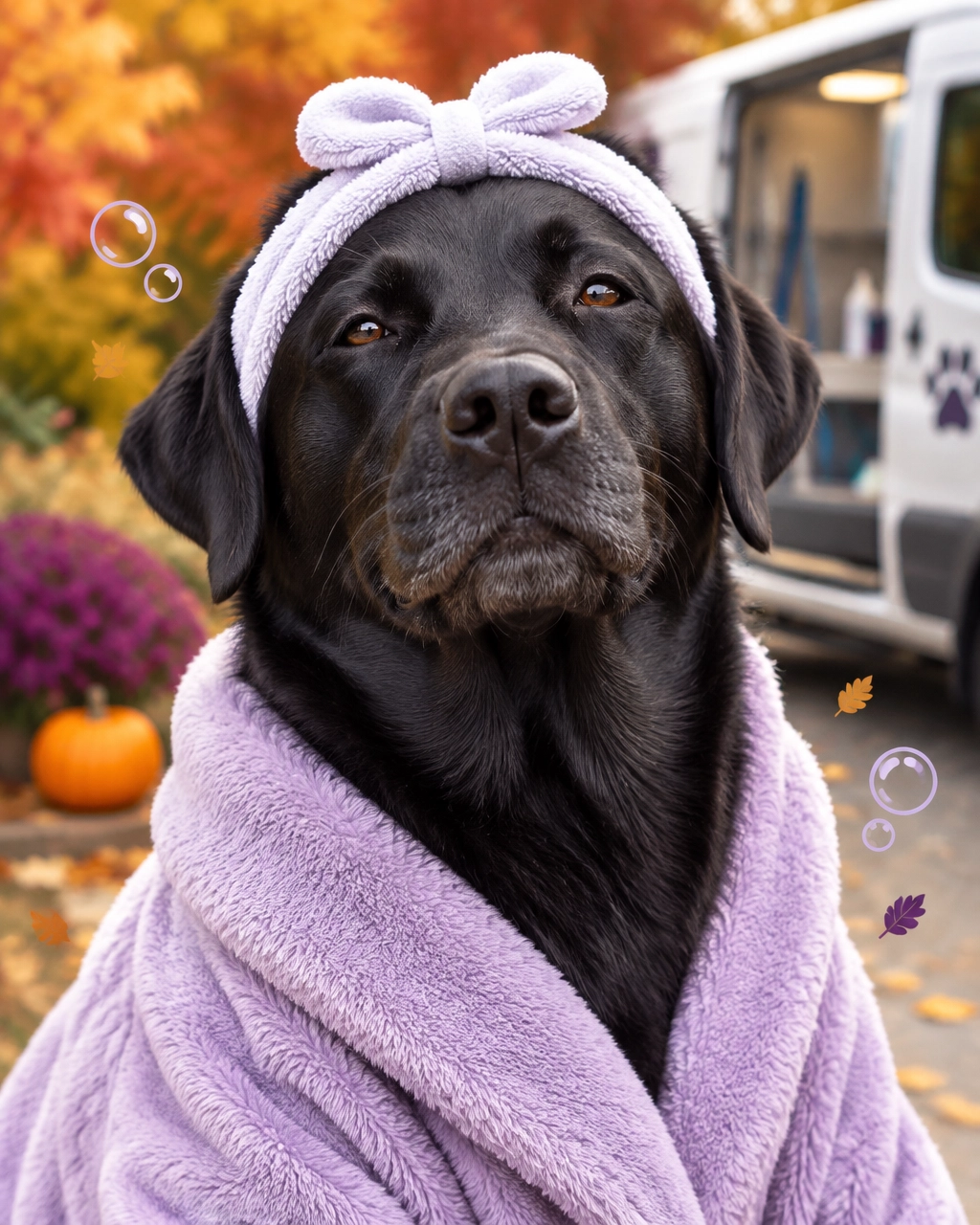 mckinney mobile dog groomer funny black Labrador in a plush spa robe enjoying a calm fall grooming day
