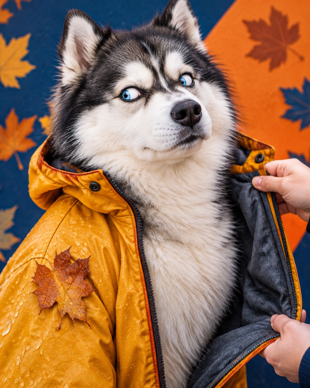 A fluffy husky gives a dramatic side-eye as its rain jacket is opened for a coat check