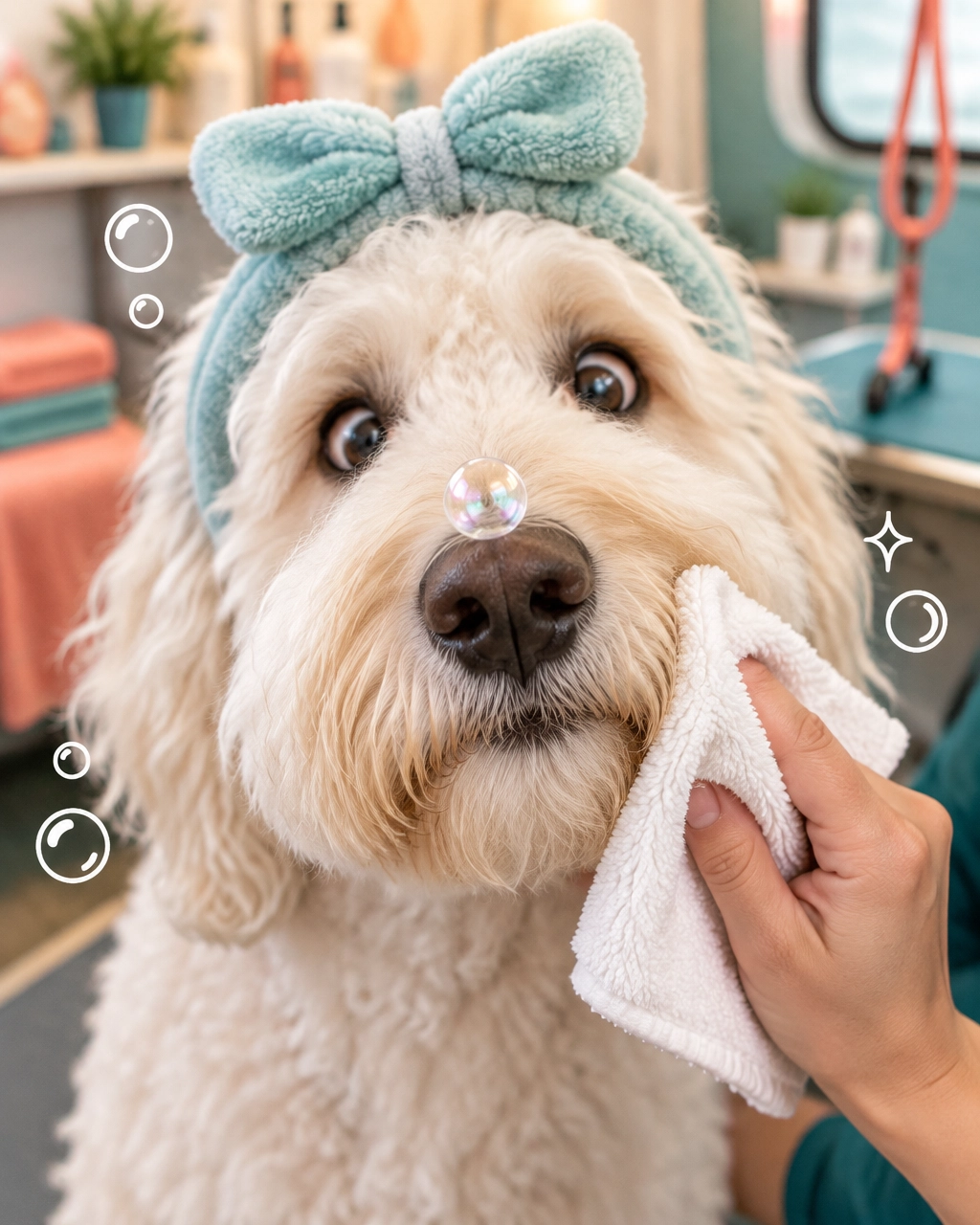 melissa mobile dog groomer blog image: a fluffy white dog with a bubble on its nose receiving a gentle muzzle wipe
