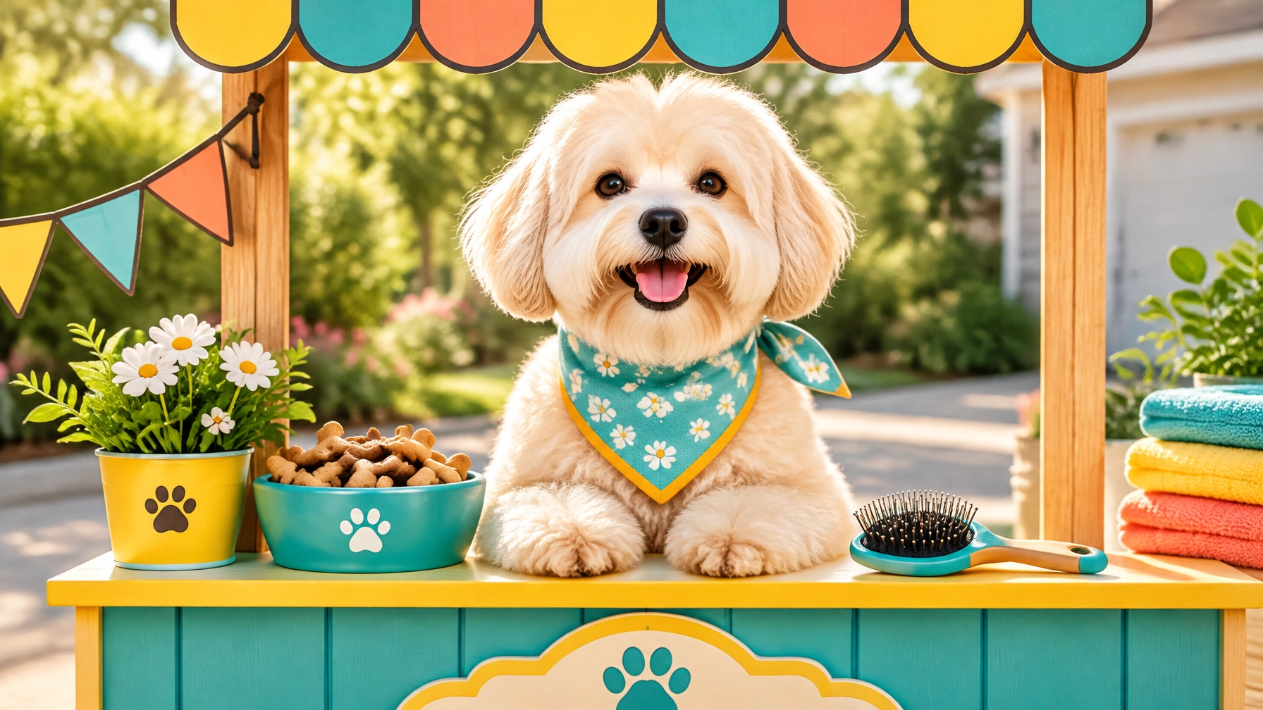 mckinney mobile dog groomer gives a freshly groomed fluffy pup a starring role as the proud owner of a tiny neighborhood stand
