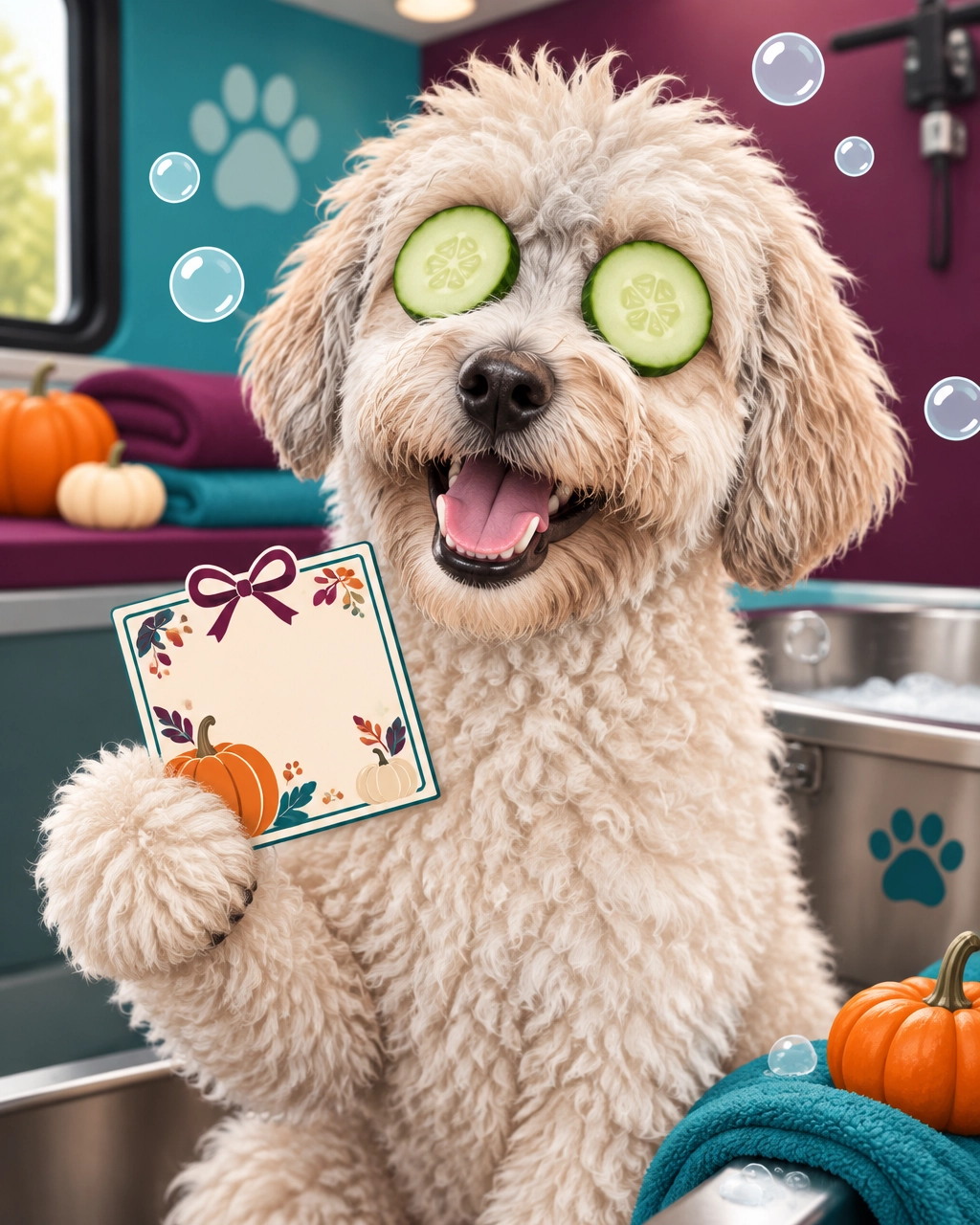 Happy cream doodle dog enjoying a humorous spa treatment beside a grooming tub
