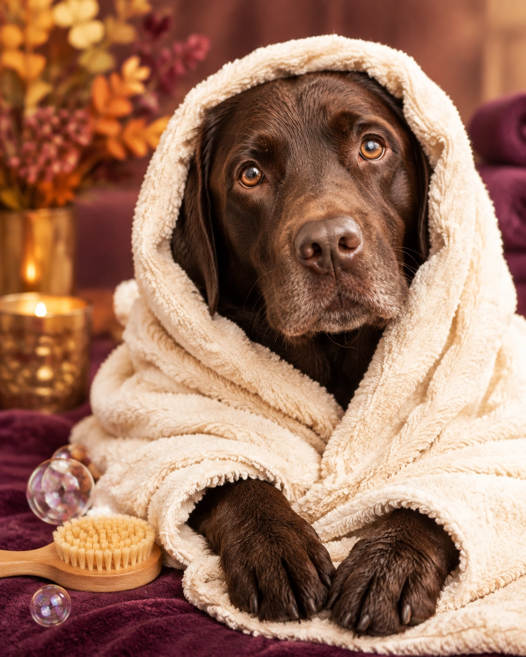 Big Labrador wrapped like a towel burrito after a pampering bath by a McKinney mobile dog groomer