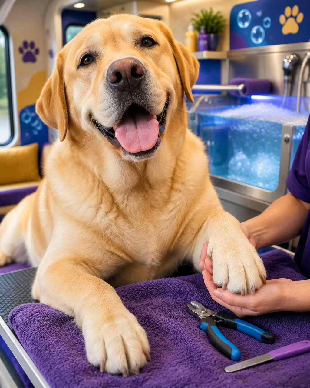 McKinney mobile dog groomer showing a proud large Labrador retriever with neatly maintained paws inside a calm mobile salon
