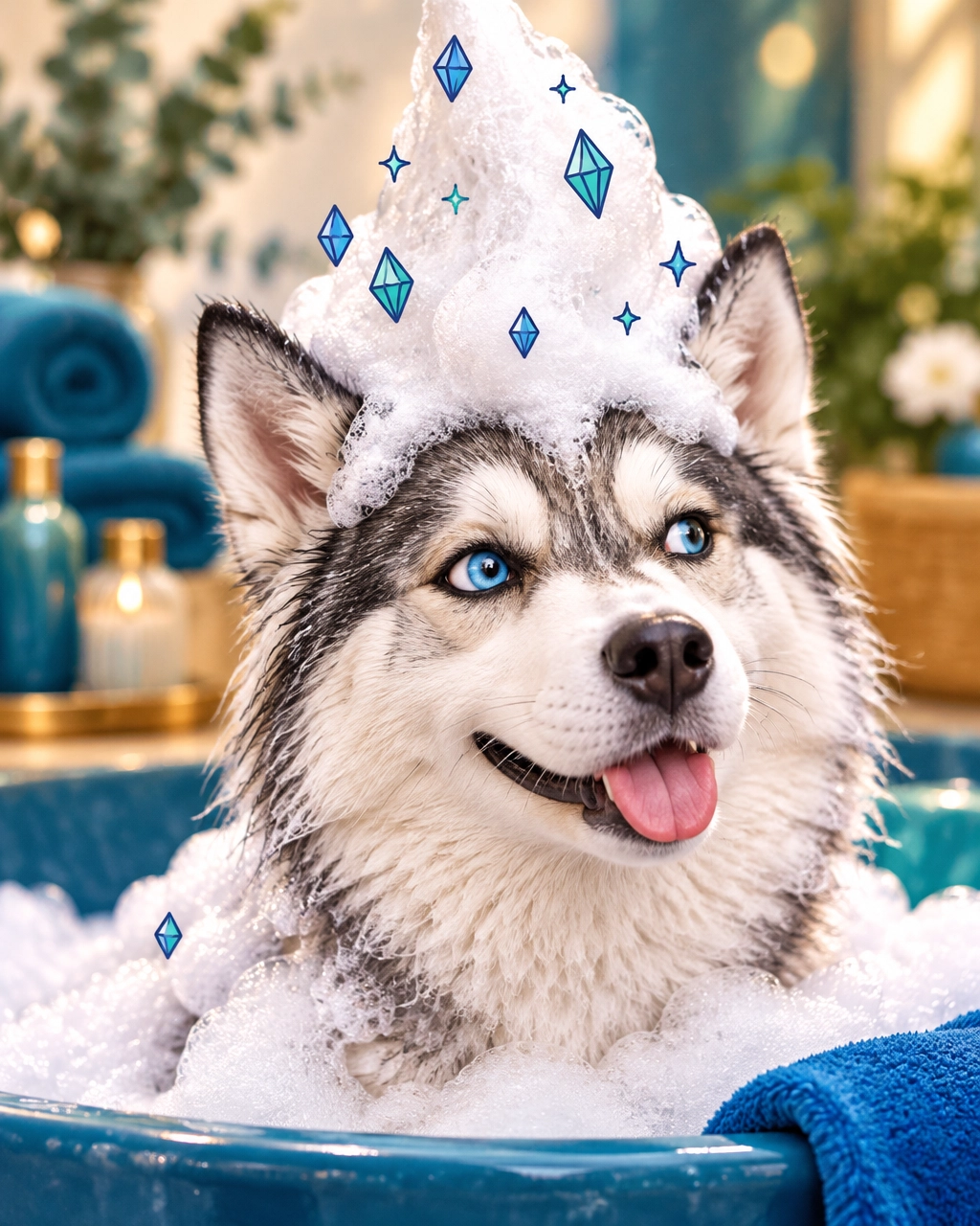 melissa mobile dog groomer: a fluffy husky with a silly foamy mohawk enjoying a gentle, playful spa bath